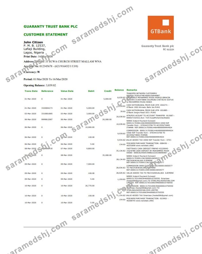 Nigeria GTBank proof of address bank statement template in Word and PDF format